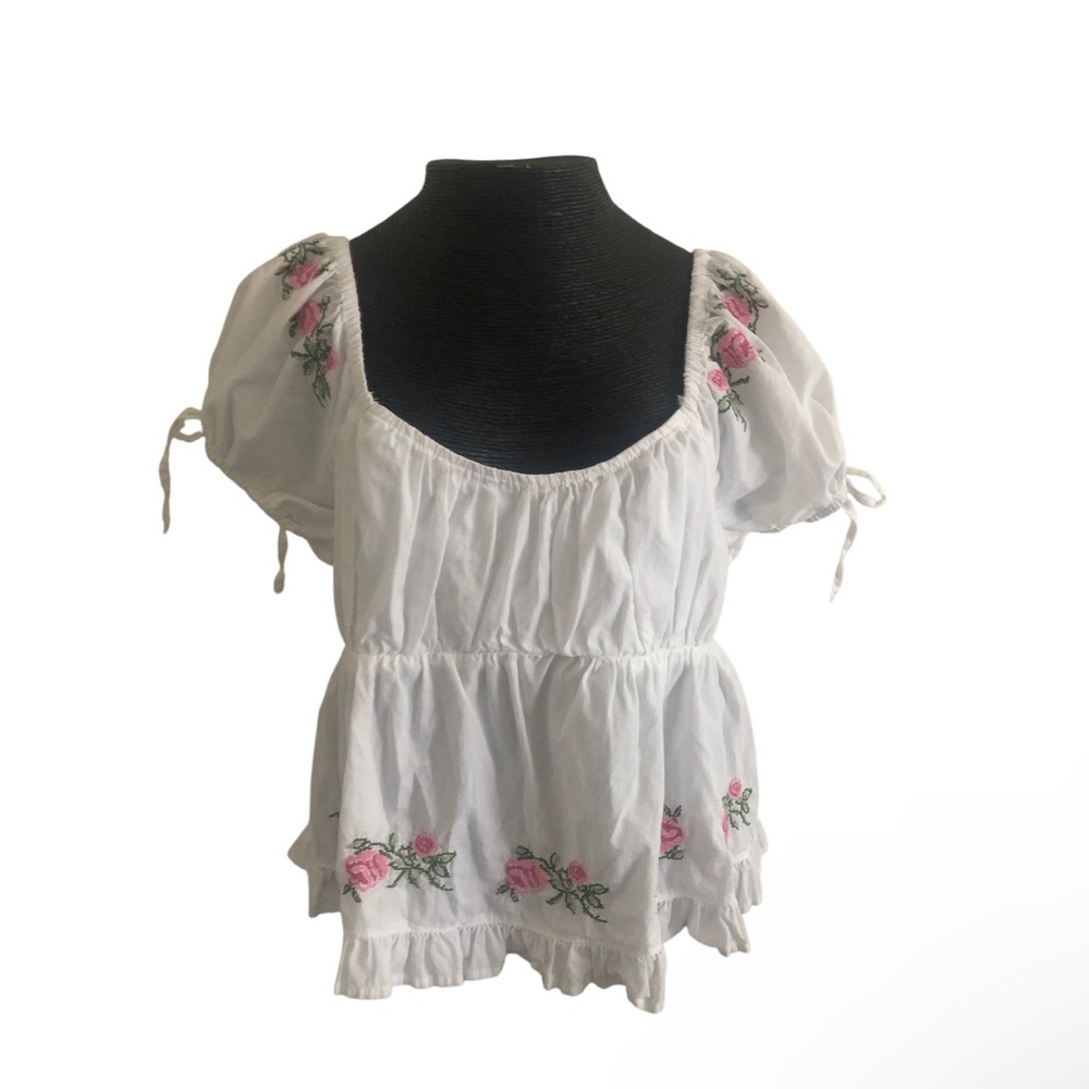 Japna White Peasant Top with Pink Rose Embroidery